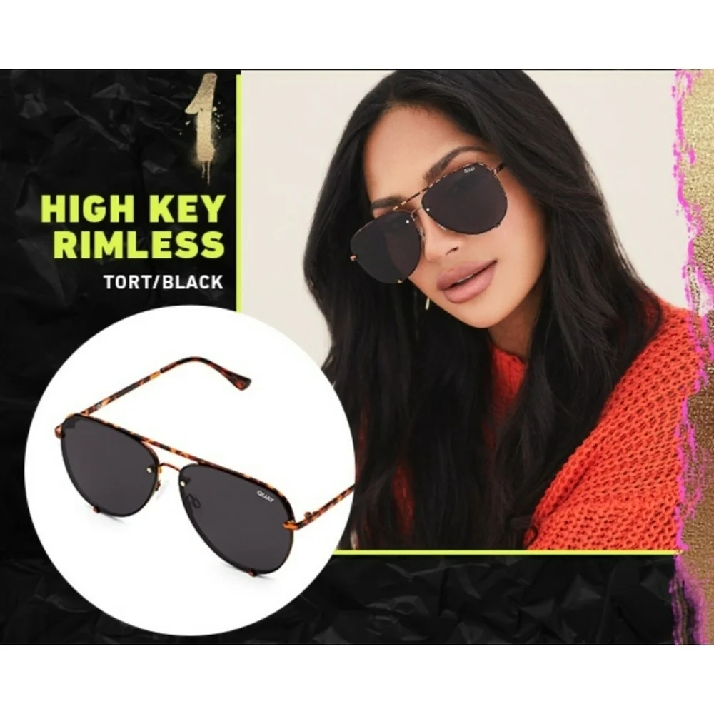 QUAY // ltd ed high key tortoise detail rimless black smoke lens aviators